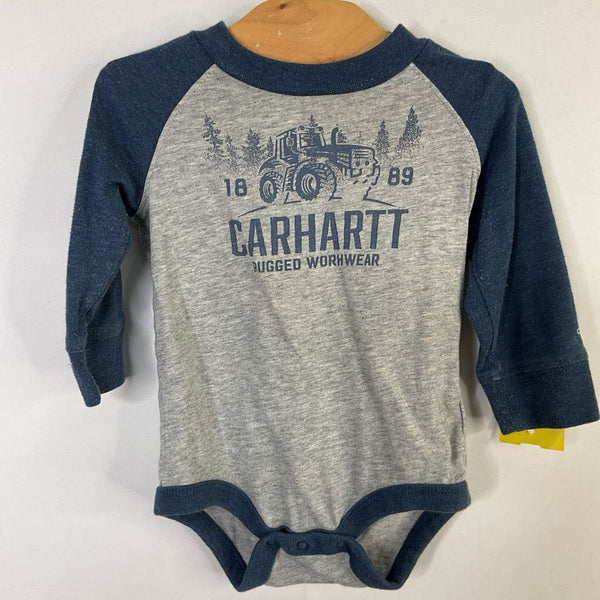 Size 6m: Carhartt Blue/Gray Tractor Long Sleeve Onesie