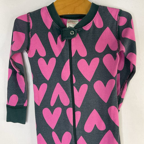 Size 3 (90): Hanna Andersson Green/Pink Hearts Organic Cotton 1pc Zip PJs