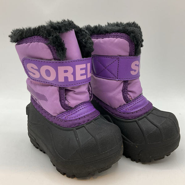 Size 4: Sorel Purple/Black Sherpa Lined Velcro Strap Toggle Snow Boots
