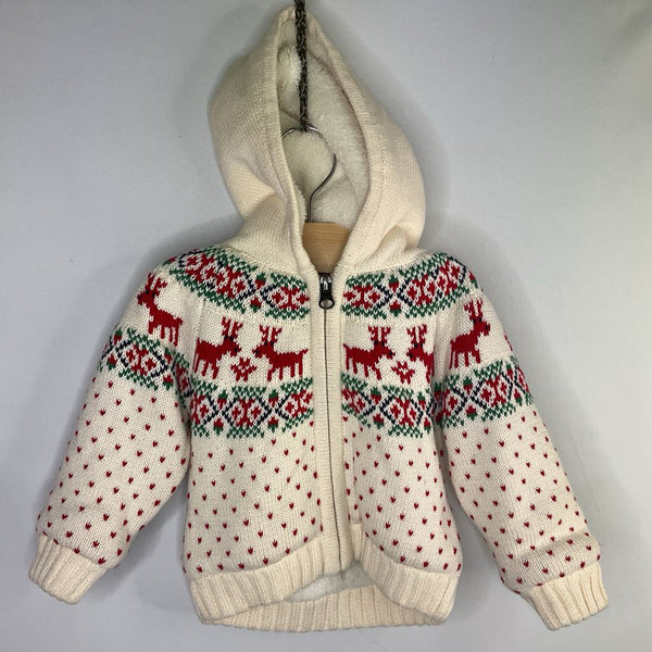Size 6-12m (70): Hanna Andersson White/Red/Green Reindeer Sherpa Lined Hooded Sweater