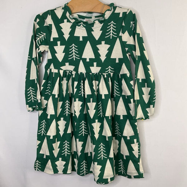 Size 3 (90): Hanna Andersson Green/White Trees Long Sleeve Holiday Dress