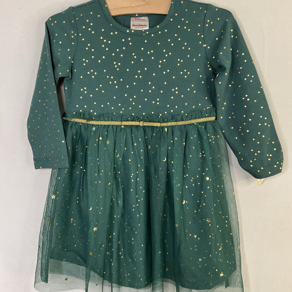 Size 2 (85): Hanna Andersson Green/Gold Dots/Stars Long Sleeve Dress