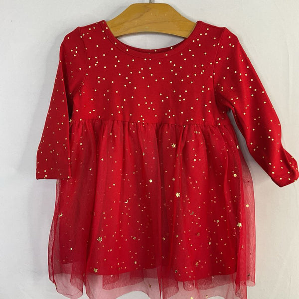 Size 6-12m (70): Hanna Andersson Red/Gold Dots/Stars Long Sleeve Dress