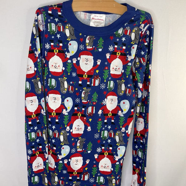 Size 10 (140): Hanna Andersson Blue/Colorful Santa/Penguins Organic Cotton 2pc Holiday PJs