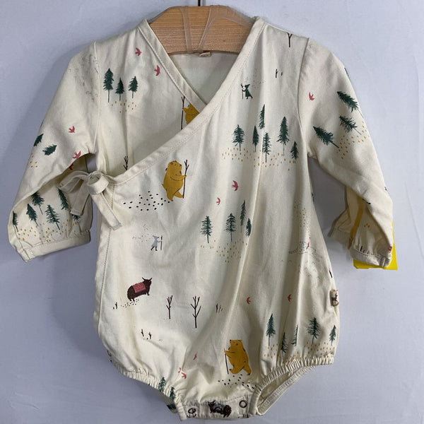 Size 3-6m: Red Caribou Cream/Multi Woodland Critters Long Sleeve Side Tie Onesie