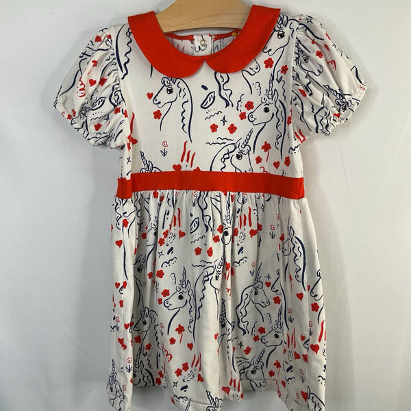 Size 5-7: Mini Rodini White/Red/Blue Unicorns Collared Dress