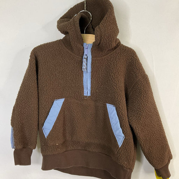 Size 4 (100): Hanna Andersson Brown/Blue Trim 1/2 Zip Sherpa Pullover REDUCED