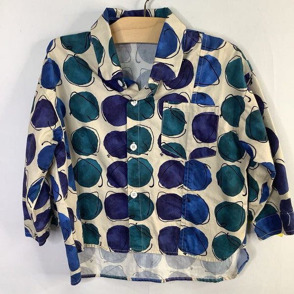 Size 4: Ambb Beige/Blue/Green Print Button-Up Shirt