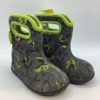 Size 7: Bogs Gray/Green Dinos Fleece Lined Velcro Strap Rain Boots