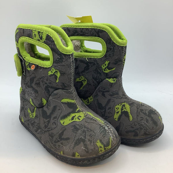 Size 7: Bogs Gray/Green Dinos Fleece Lined Velcro Strap Rain Boots