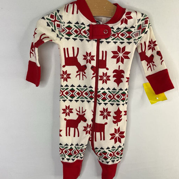 Size NB: Hanna Andersson Red/White/Green Fair Isle Reindeer Organic Cotton 1pc Zip-Up Holiday PJs