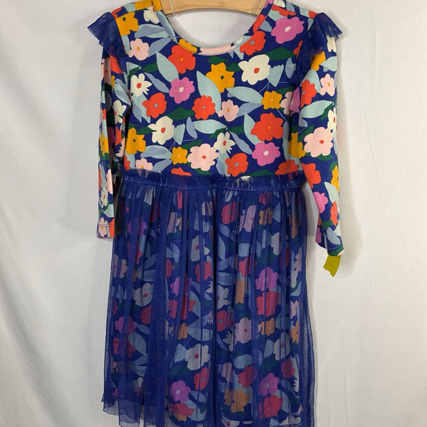 Size 6-7 (120): Hanna Andersson Blue/Colorful Floral Tulle Skirt Long Sleeve Dress