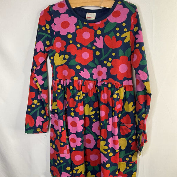 Size 6-7 (120): Hanna Andersson Blue/Colorful Floral Long Sleeve Pocket Dress