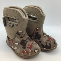 Size 4: Bogs Gray/Brown Woodland Print Fleece Lined Velcro Strap Rain Boots REDUCED