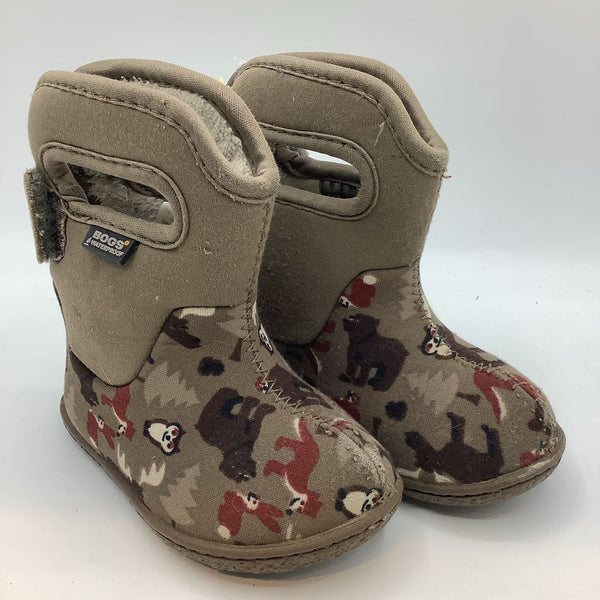 Size 4: Bogs Gray/Brown Woodland Print Fleece Lined Velcro Strap Rain Boots REDUCED