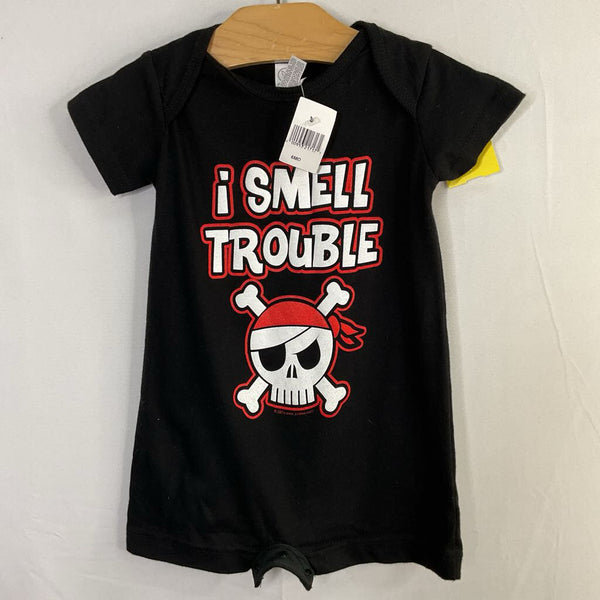 Size 6m: Rabbit Skins Black/Red 'I Smell Trouble...' Shorty Romper NEW w/ Tags