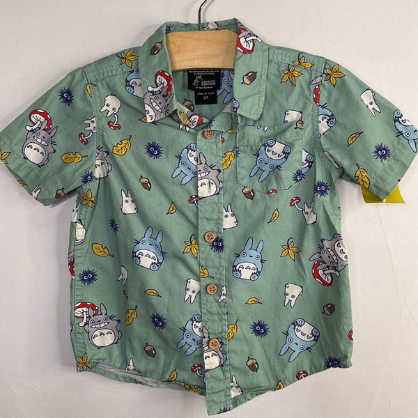 Size 3: My Neighbor Totoro Green/Multi Print Short Sleeve Button-Up Shirt