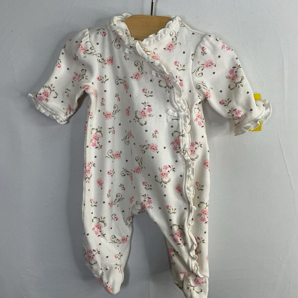 Size NB: Little Me! White/Pink Floral Ruffle Trim Footy Romper