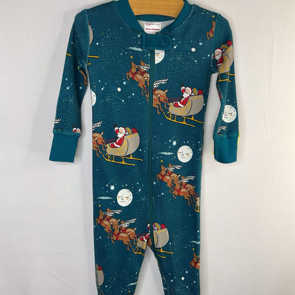 Size 6-12m (70): Hanna Anderson Blue/Colorful Santa and His Sleigh Organic Cotton 1pc Zip-Up Holiday Pjs