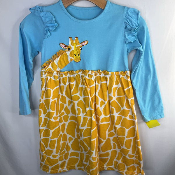 Size 7: Blue/Yellow Giraffe Applique Long Sleeve Dress