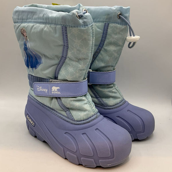 Size 1Y: Sorel Blue/Purple Frozen Print Toggle Snow Boots