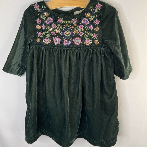 Size 3: Peek Green/Multi Floral Embroidered Velour Long Sleeve Dress