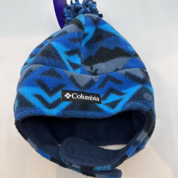Size OS Youth: Columbia Blue Geo Print Fleece Pompom Beanie
