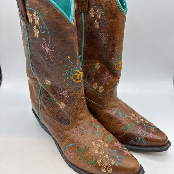 Size 3.5Y: Brown/Colorful Floral Embroidered Western Boots