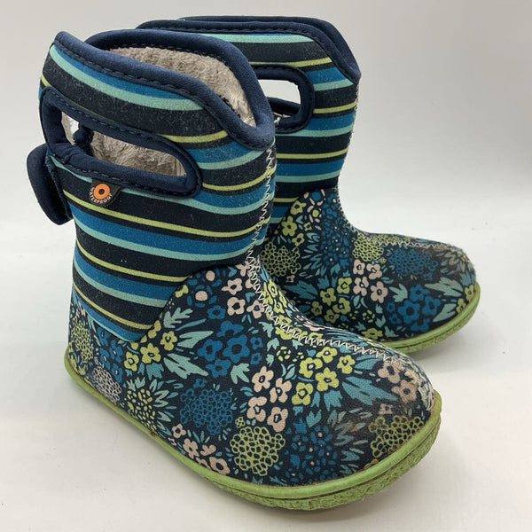 Size 8: Bogs Blue/Green Stripes/Floral Lined Velcro Strap Rain Boots