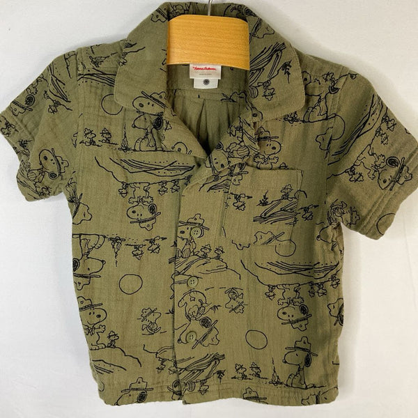 Size 2 (85): Hanna Andersson Green/Black Camp Snoopy Short Sleeve Button-Up Shirt