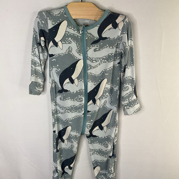 Size 9-12m: Kickee Pants Blue/White Whales Bamboo 1pc Zip PJs