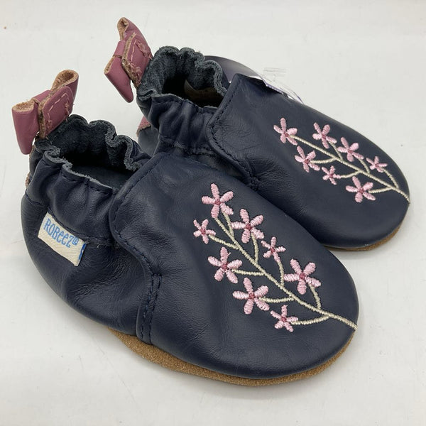 Size 0-6m: Robeez Navy/Pink Floral Leather Soft Sole Booties