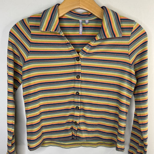 Size 10: Good Luck Girl Blue Orange White Striped Button- Up Long Sleeve Shirt