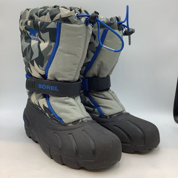 Size 5Y: Sorel Black/Gray/Blue Velcro/Toggle Snow Boots