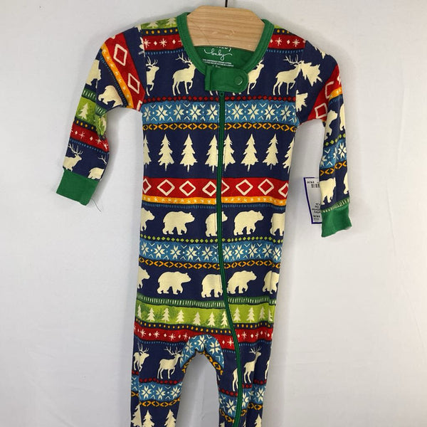 Size 6-9m: Hatley Blue/Colorful Winter Motifs 1pc Zip Holiday PJs