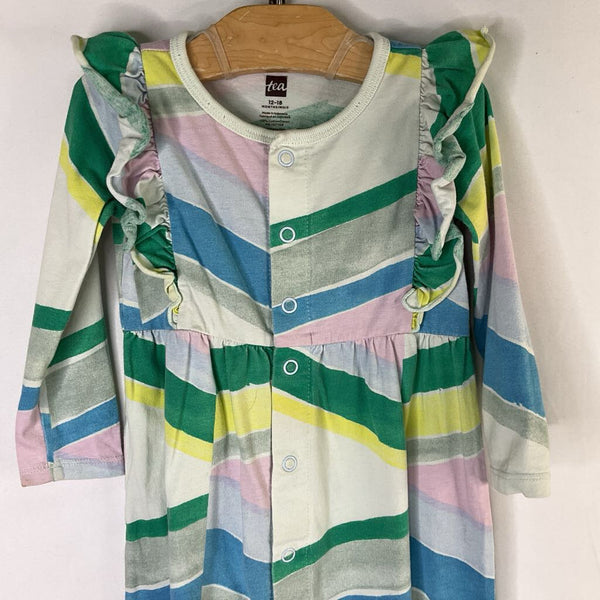 Size 12-18m: Tea Blue/Multi Chevron Ruffle Trim Romper