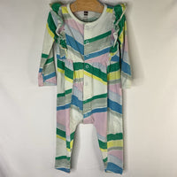 Size 12-18m: Tea Blue/Multi Chevron Ruffle Trim Romper