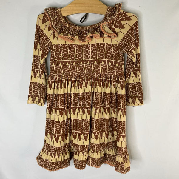 Size 2: Kate Quinn Beige/Brown Geo Leaf Ruffle Collar Dress REDUCED