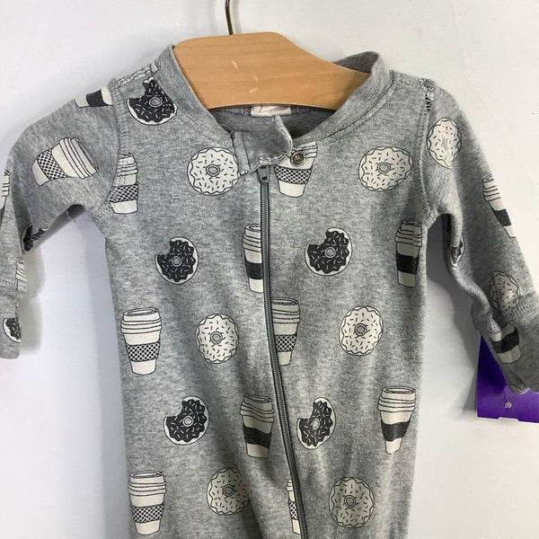 Size 0-3m: Monica + Andy Gray/White Coffee/Donuts 1pc ZIp Footy PJs