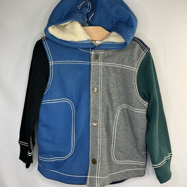 Size 4 (100): Hanna Andersson Blue/Multi Color Blocked Sherpa Lined Snap-Up Jacket