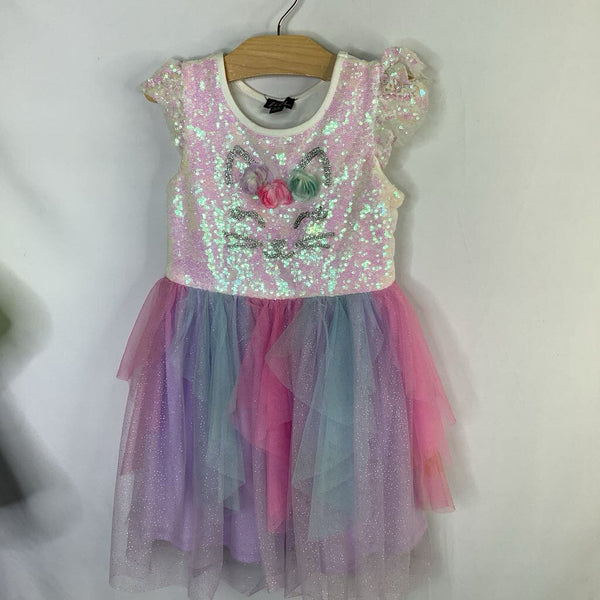 Size 4-5: Lilt White/Rainbow Sparkle Kitty Flutter Sleeve Dress