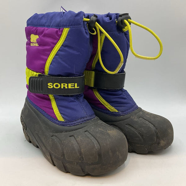 Size 12: Sorel Purple/Yellow/Black Velcro/Toggle Snow Boots