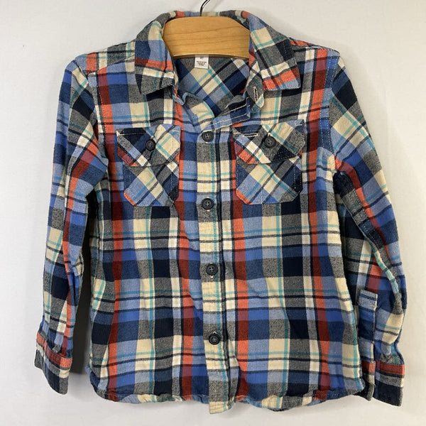 Size 4: Tea Blue/Orange/Cream Plaid Flannel Button-Up Shirt