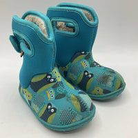 Size 6: Bogs Blue/Green Owls Fleece Lined Velcro Strap Rain Boots
