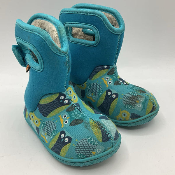 Size 6: Bogs Blue/Green Owls Fleece Lined Velcro Strap Rain Boots
