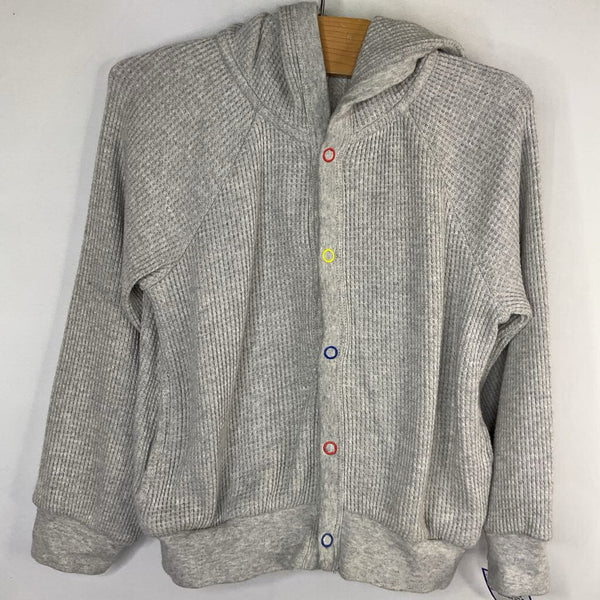 Size 3: Open Edit Gray/Colorful Buttons Waffle Knit Hooded Shirt