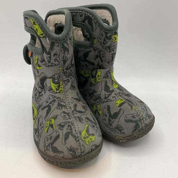 Size 8: Bogs Green/Gray Dino Fleece Lined Velcro Strap Rain Boots