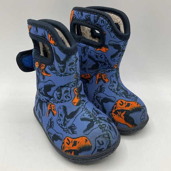 Size 4: Bogs Blue/Orange Dinos Fleece Lined Velcro Strap Rain Boots