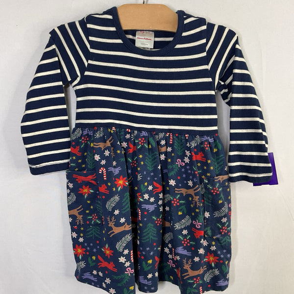 Size 2 (85): Hanna Andersson Navy/Multi Stripes/Woodland Winter Long Sleeve Dress