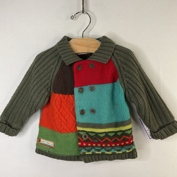 Size 12m: Catimini Green/Colorul Fleece Lined Button-Up Cardigan